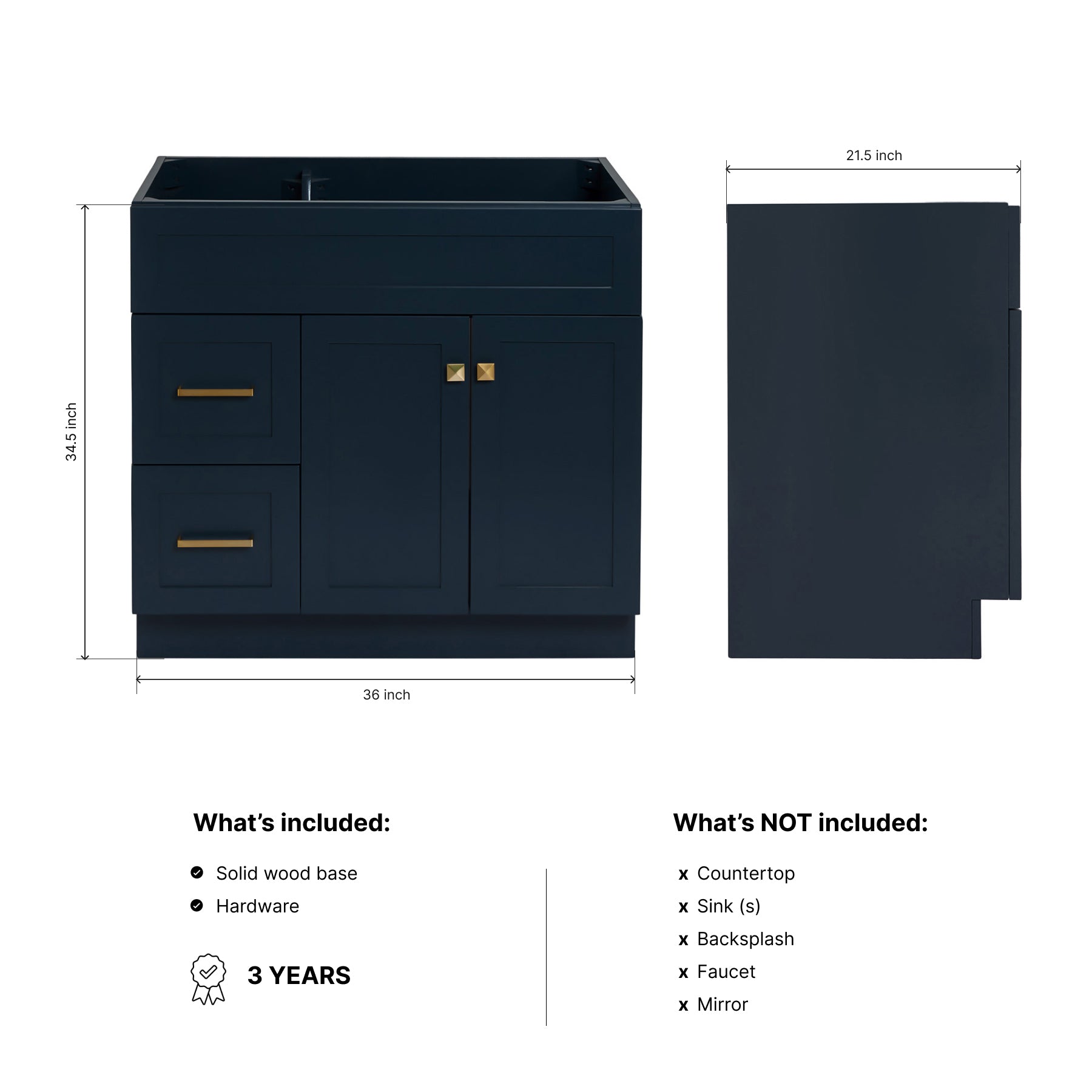 Bradford 36-inch Midnight Blue base cabinet on dimensions