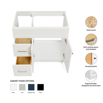 Bradford 36-inch White base cabinet on feature highlights: solid wood frame, soft-close doors and drawers, Sherwin-Williams paint finish
