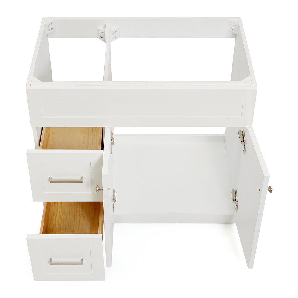 Bradford 36-inch White base cabinet on white back ground side view open door