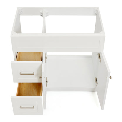 Bradford 36-inch White base cabinet on white back ground side view open door