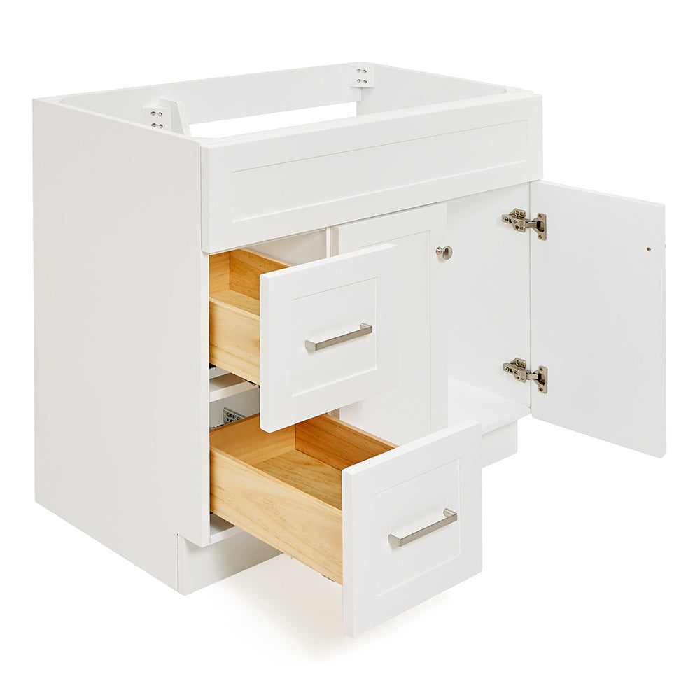 Bradford 36-inch White base cabinet on white back ground front view open door