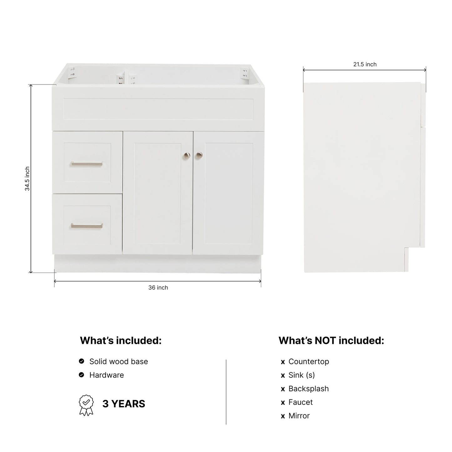 Bradford 36-inch White base cabinet on dimensions