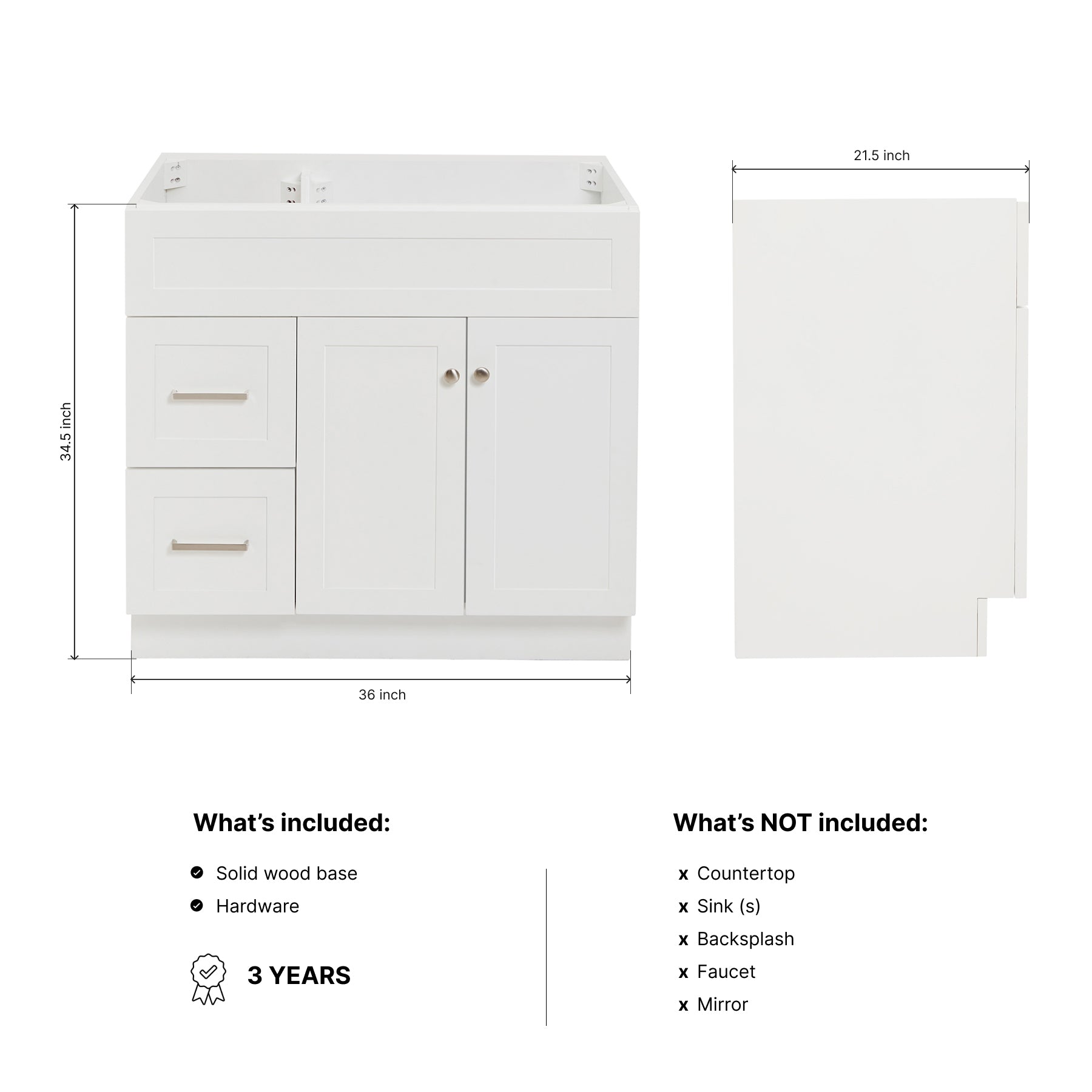 Bradford 36-inch White base cabinet on dimensions