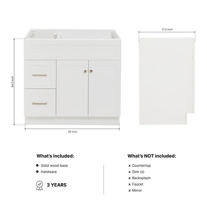 Bradford 36-inch White base cabinet on dimensions