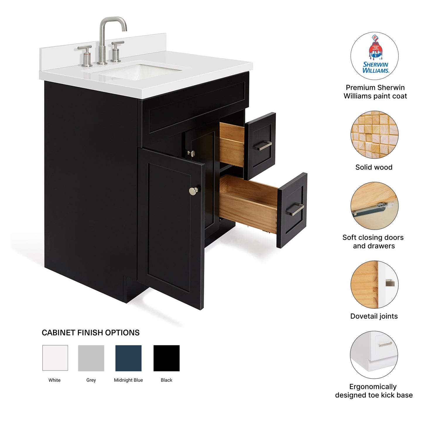 Bradford 36-Inch Black bathroom vanity – feature highlights: solid wood frame, soft-close doors and drawers, Sherwin-Williams paint finish