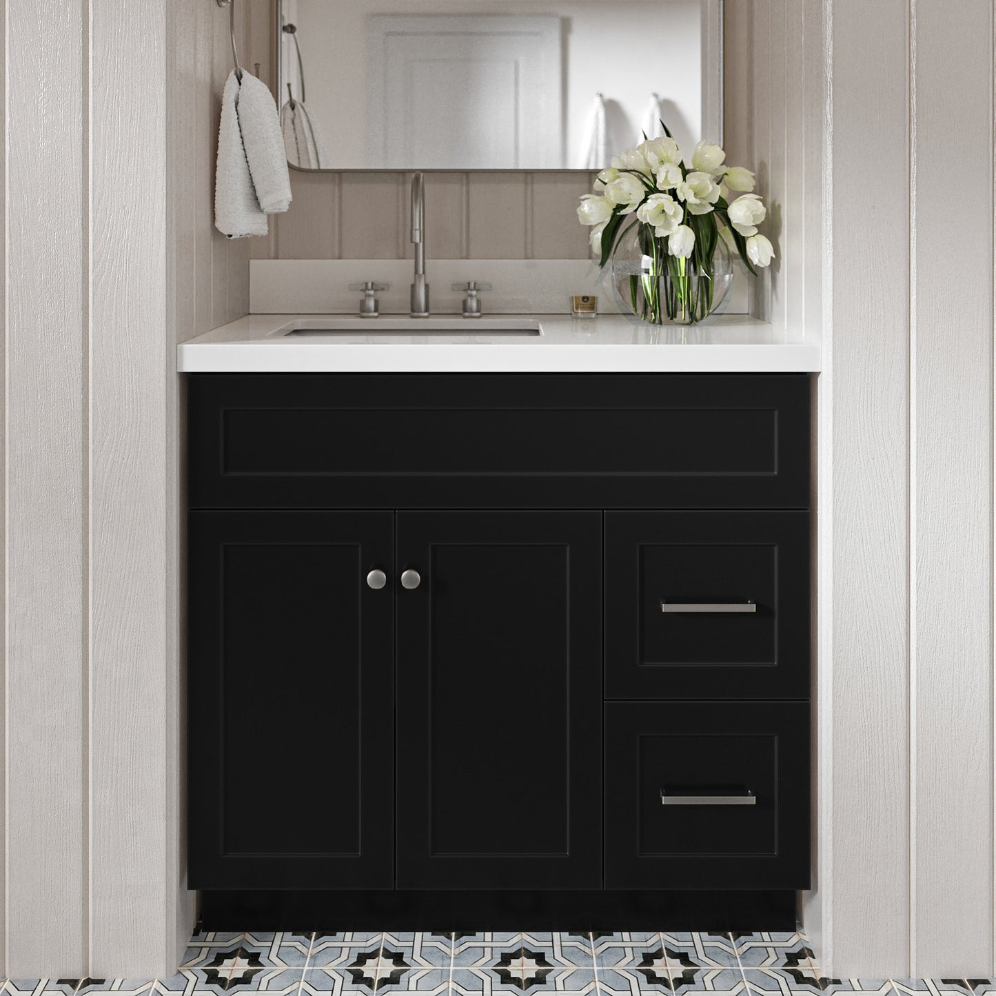 Bradford 36-Inch Black bathroom vanity in styled bathroom setting