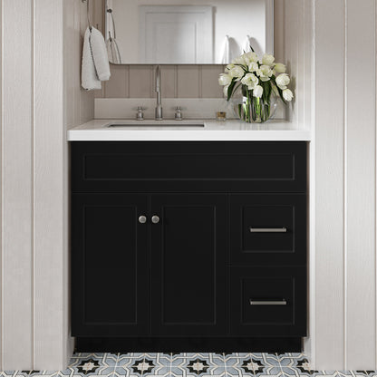 Bradford 36-Inch Black bathroom vanity in styled bathroom setting