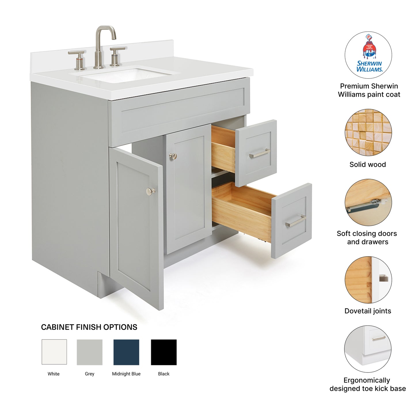 Bradford 36-Inch Grey bathroom vanity – feature highlights: solid wood frame, soft-close doors and drawers, Sherwin-Williams paint finish