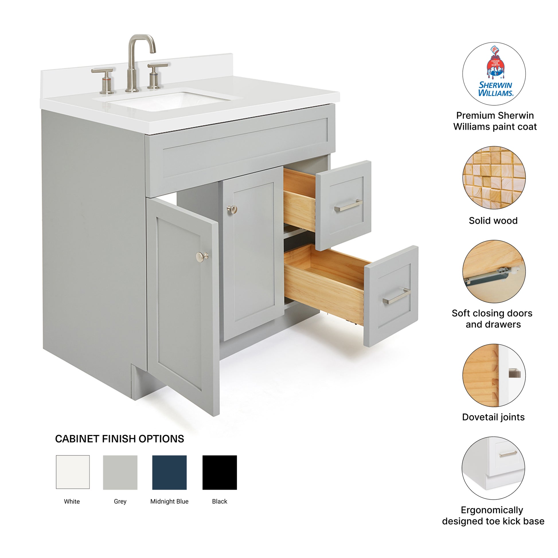 Bradford 36-Inch Grey bathroom vanity – feature highlights: solid wood frame, soft-close doors and drawers, Sherwin-Williams paint finish
