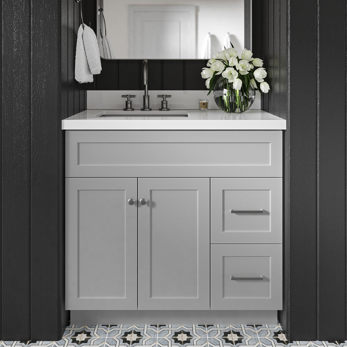 Bradford 36-Inch Grey bathroom vanity in styled bathroom setting