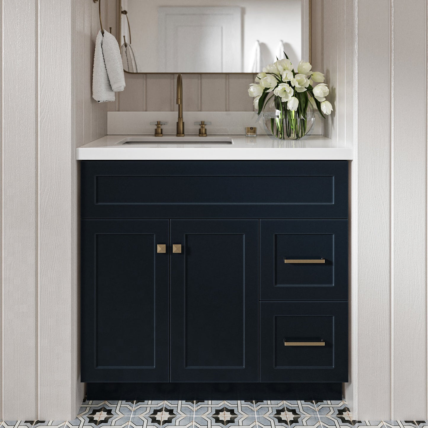 Bradford 36-Inch Midnight Blue bathroom vanity in styled bathroom setting