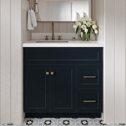 Bradford 36-Inch Midnight Blue bathroom vanity in styled bathroom setting