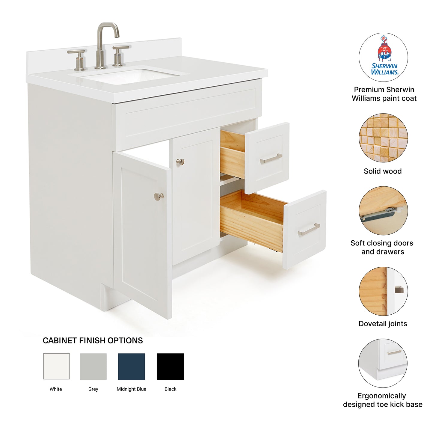 Bradford 36-Inch White bathroom vanity – feature highlights: solid wood frame, soft-close doors and drawers, Sherwin-Williams paint finish