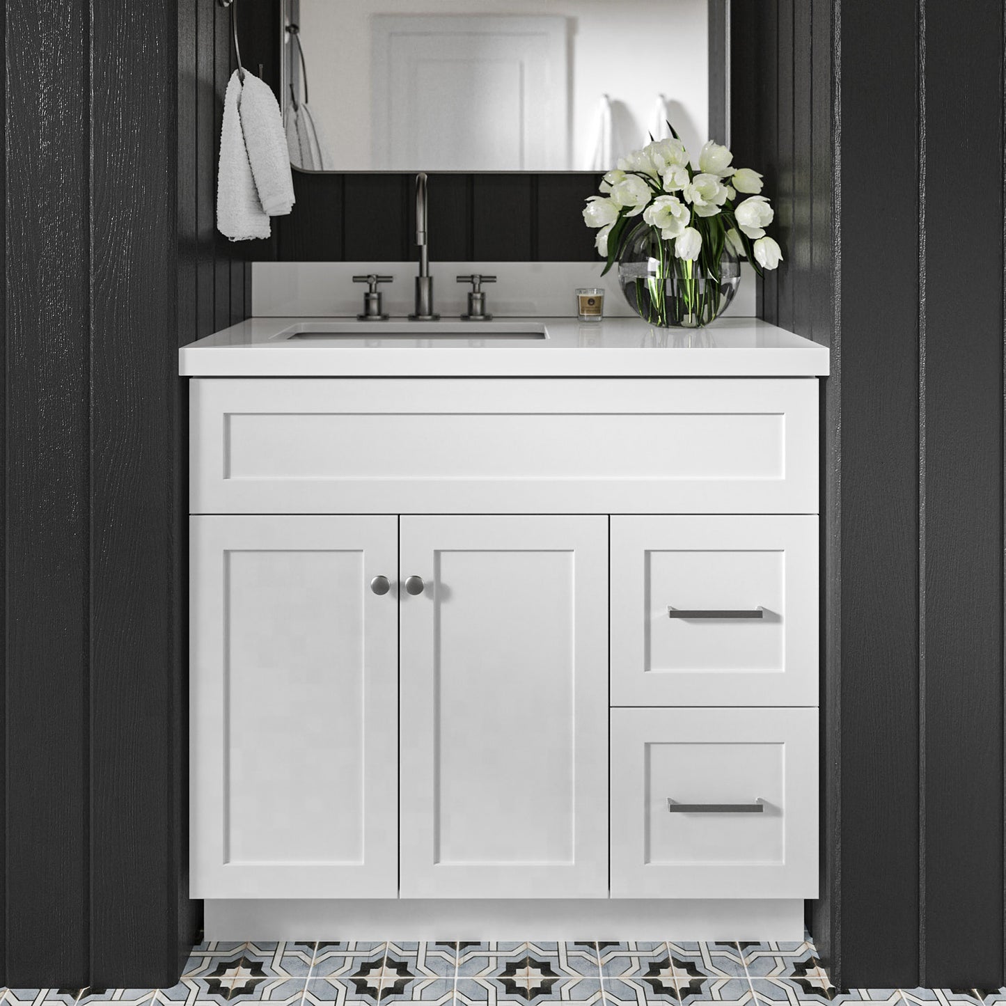 Bradford 36-Inch White bathroom vanity in styled bathroom setting