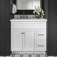 Bradford 36-Inch White bathroom vanity in styled bathroom setting