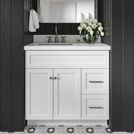 Bradford 36-Inch White bathroom vanity in styled bathroom setting