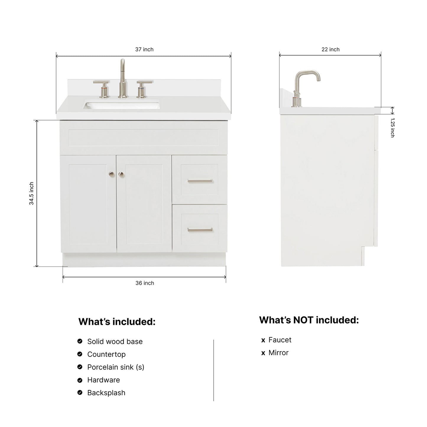 Bradford 36-Inch White bathroom vanity dimensions