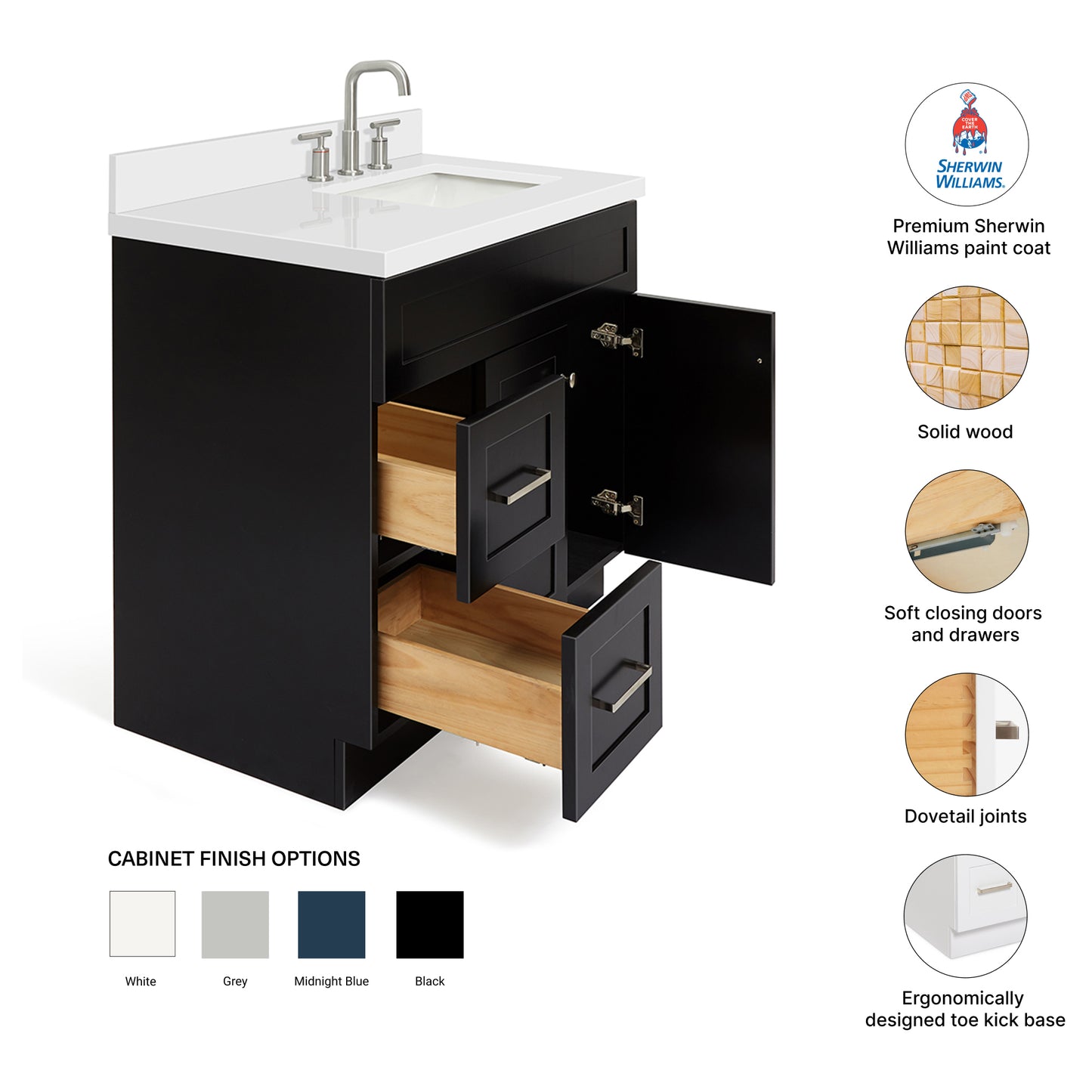Bradford 36-Inch Black bathroom vanity – feature highlights: solid wood frame, soft-close doors and drawers, Sherwin-Williams paint finish