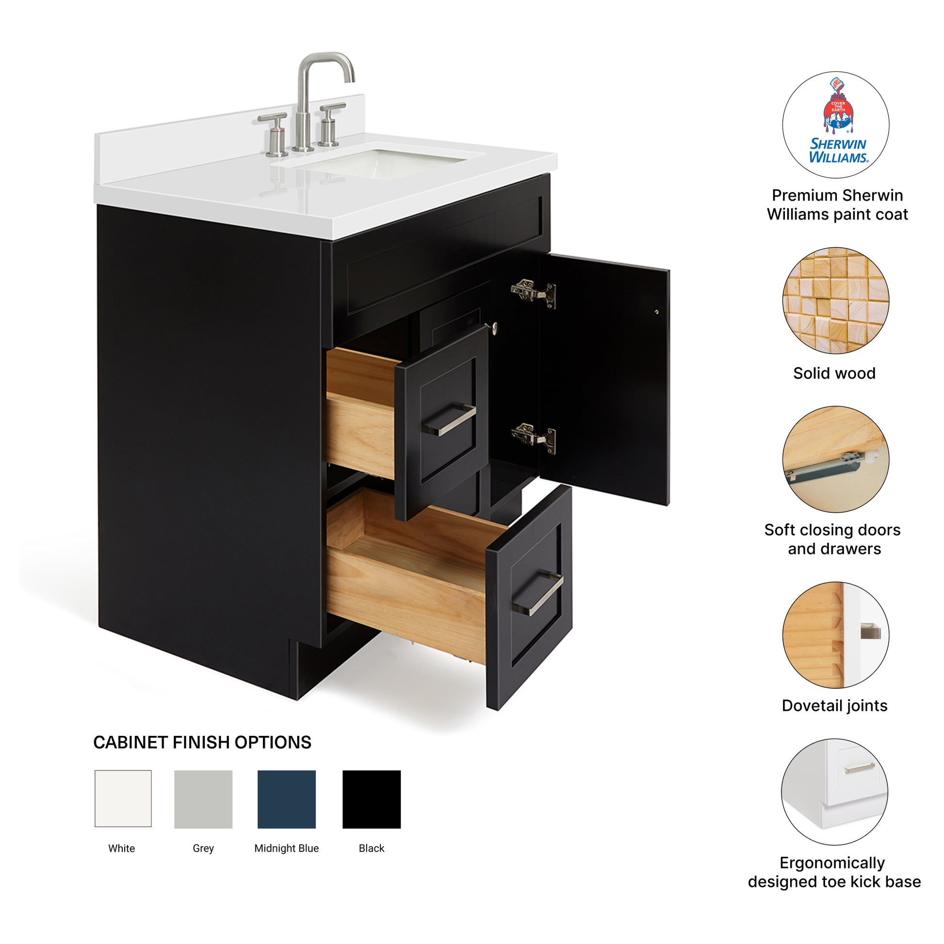Bradford 36-Inch Black bathroom vanity – feature highlights: solid wood frame, soft-close doors and drawers, Sherwin-Williams paint finish