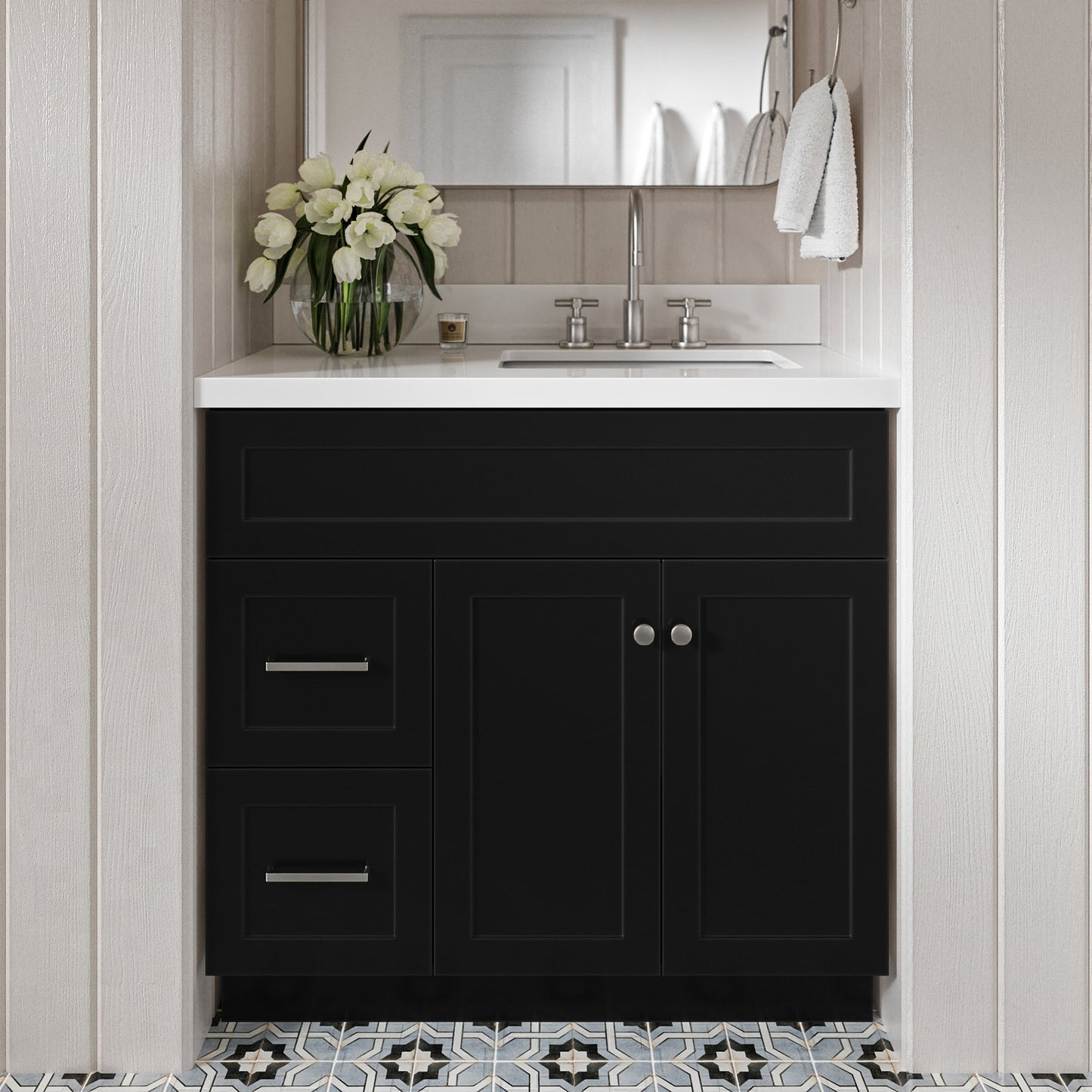 Bradford 36-Inch Black bathroom vanity in styled bathroom setting