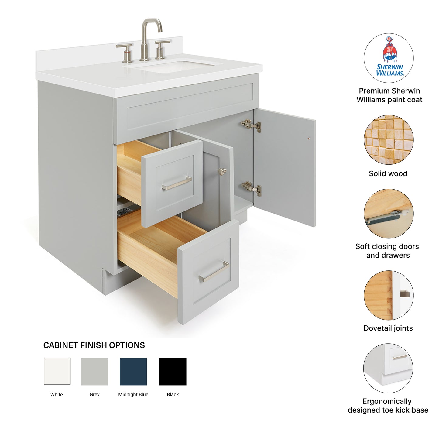 Bradford 36-Inch Grey bathroom vanity – feature highlights: solid wood frame, soft-close doors and drawers, Sherwin-Williams paint finish