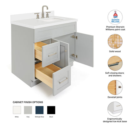 Bradford 36-Inch Grey bathroom vanity – feature highlights: solid wood frame, soft-close doors and drawers, Sherwin-Williams paint finish