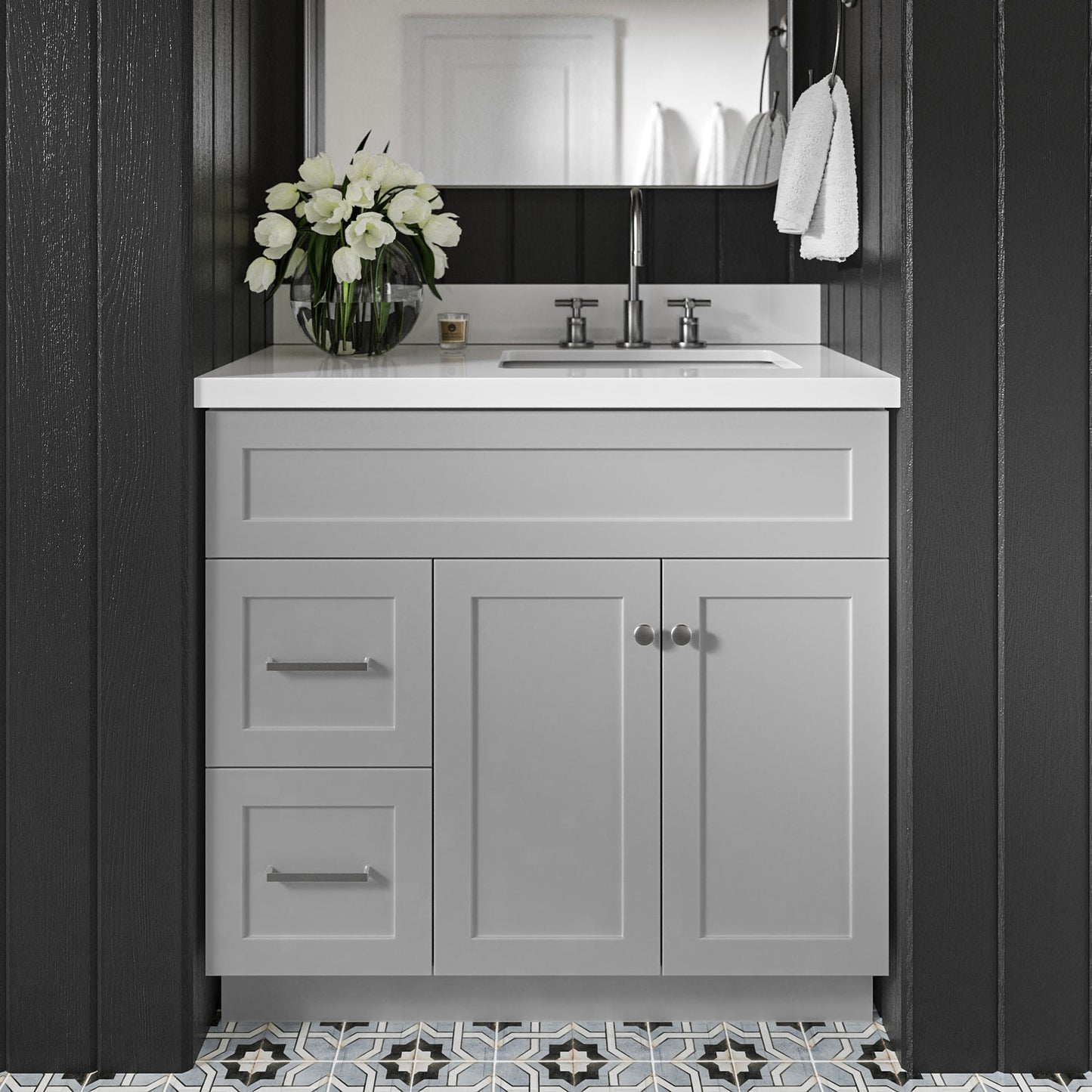 Bradford 36-Inch Grey bathroom vanity in styled bathroom setting
