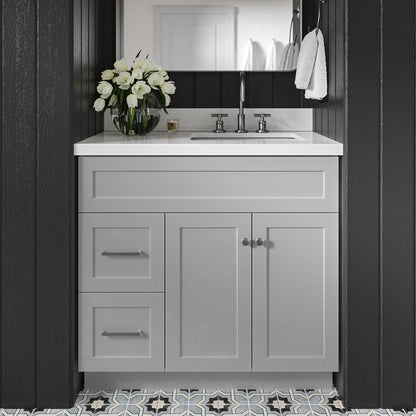 Bradford 36-Inch Grey bathroom vanity in styled bathroom setting