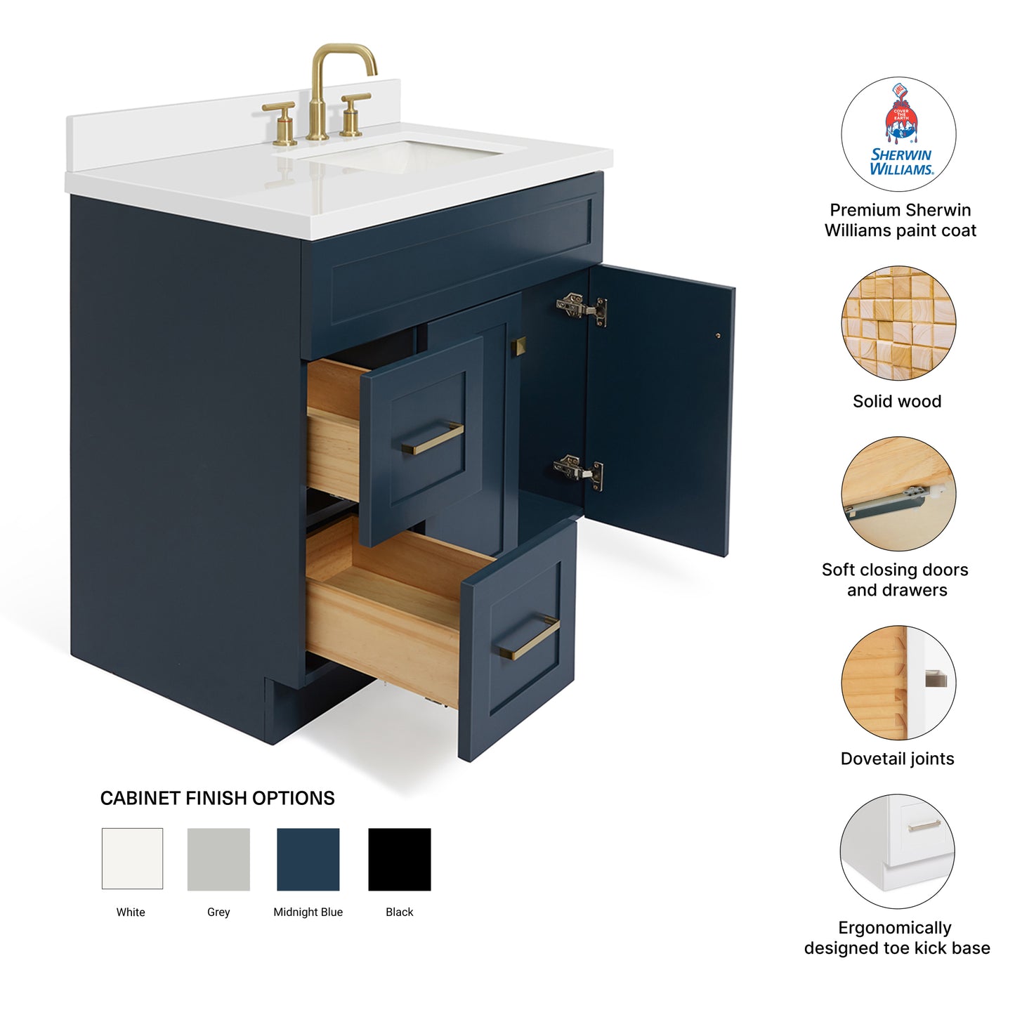 Bradford 36-Inch Midnight Blue bathroom vanity – feature highlights: solid wood frame, soft-close doors and drawers, Sherwin-Williams paint finish