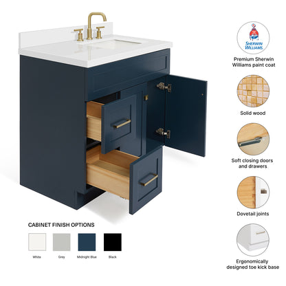 Bradford 36-Inch Midnight Blue bathroom vanity – feature highlights: solid wood frame, soft-close doors and drawers, Sherwin-Williams paint finish