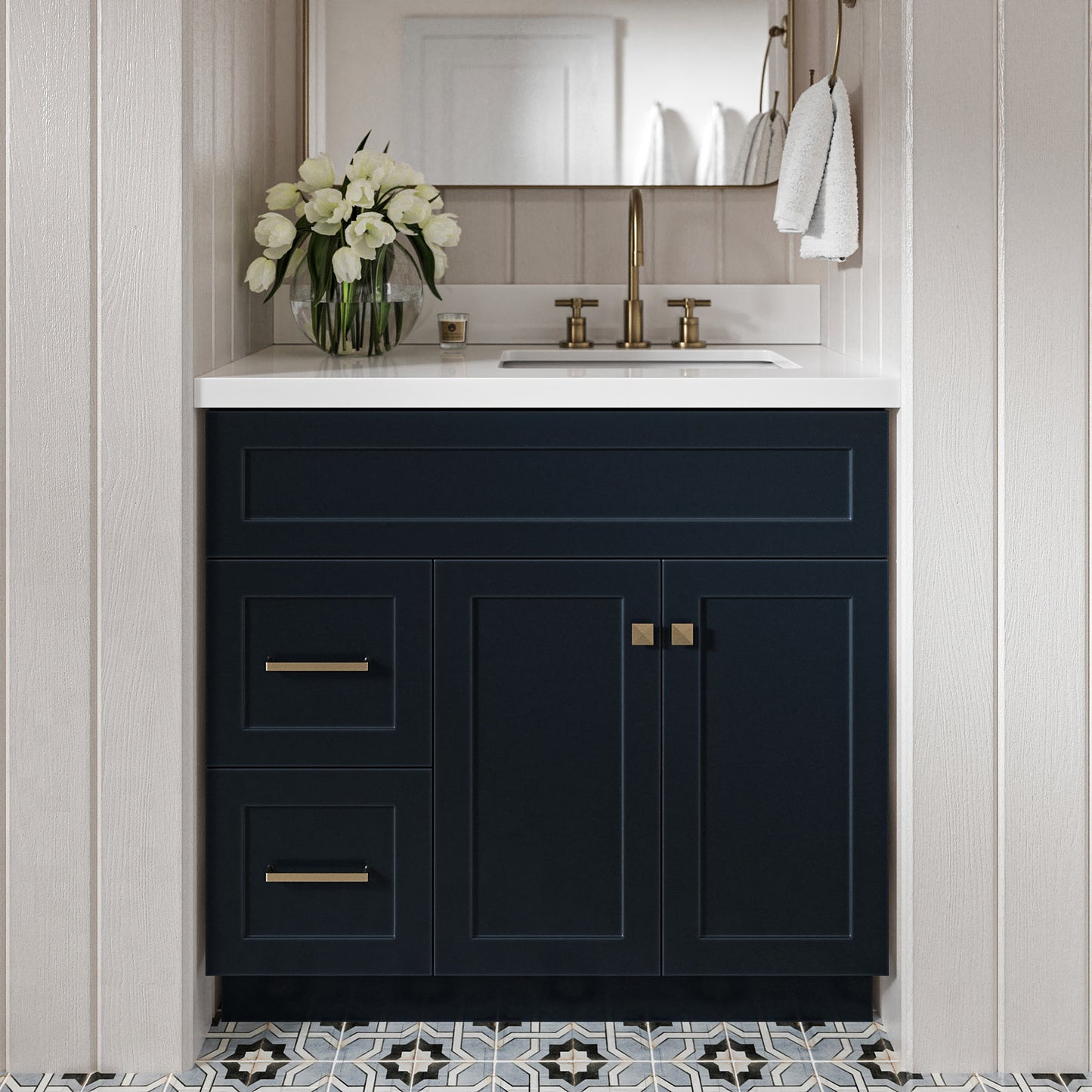 Bradford 36-Inch Midnight Blue bathroom vanity in styled bathroom setting
