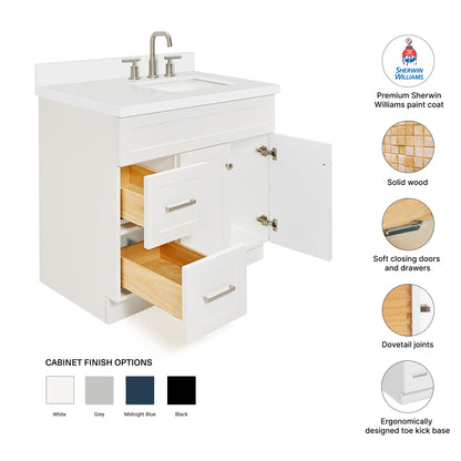 Bradford 36-Inch White bathroom vanity – feature highlights: solid wood frame, soft-close doors and drawers, Sherwin-Williams paint finish