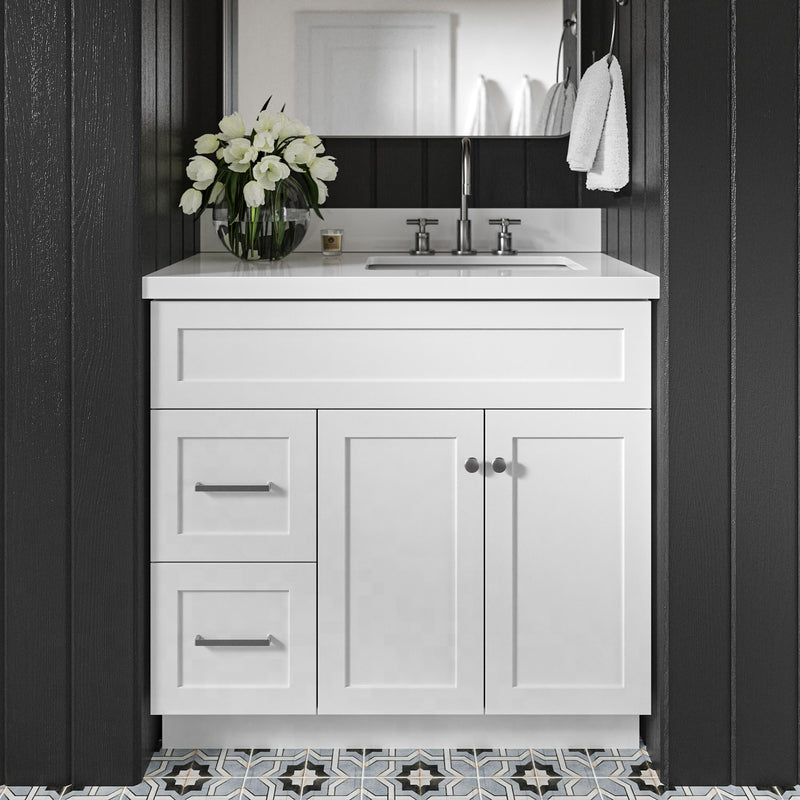 Bradford 36-Inch White bathroom vanity in styled bathroom setting