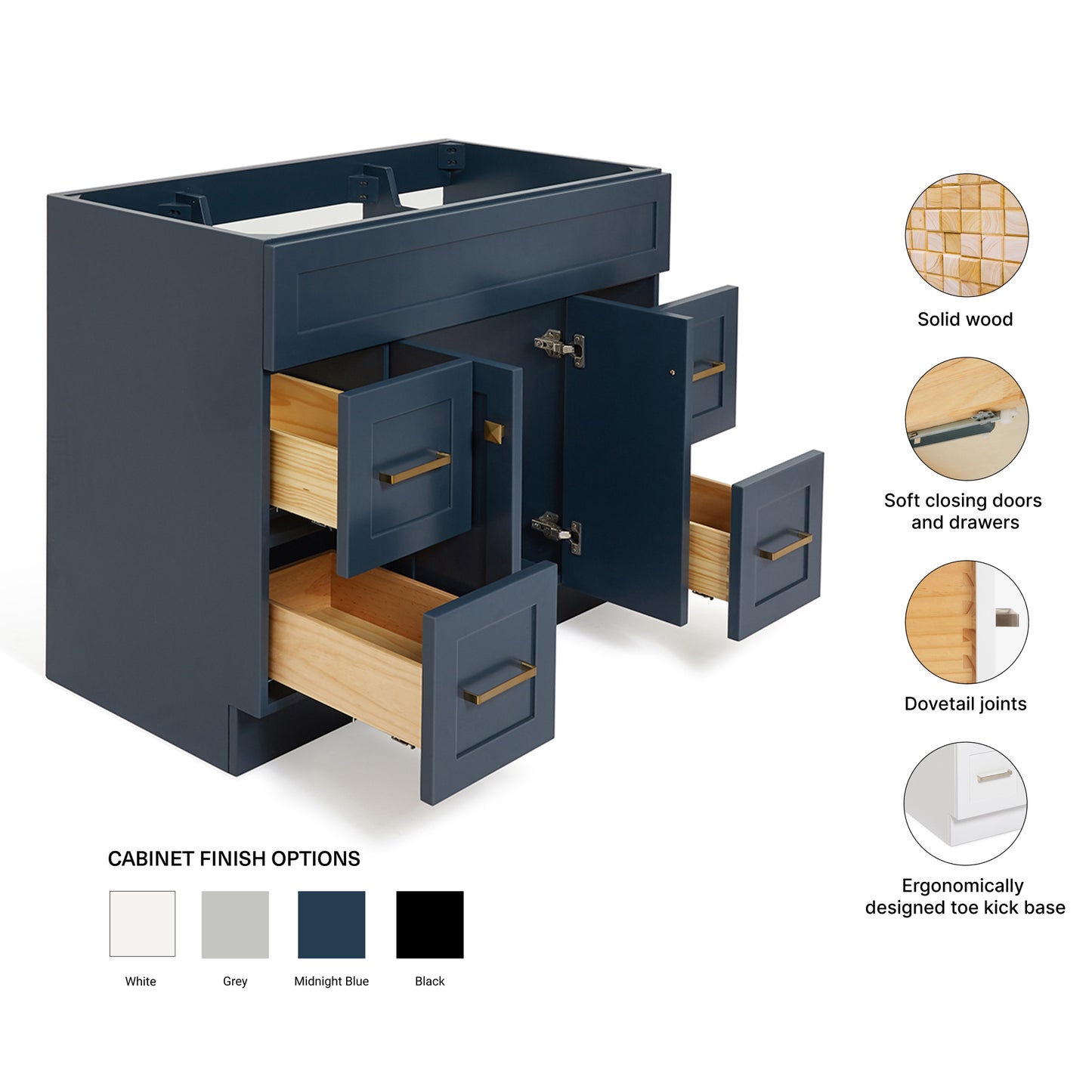 Bradford 42-inch Midnight Blue base cabinet on feature highlights: solid wood frame, soft-close doors and drawers, Sherwin-Williams paint finish
