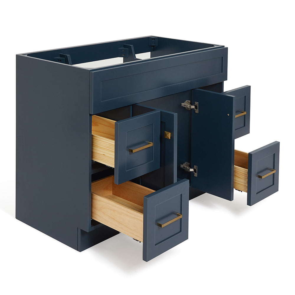 Bradford 42-inch Midnight Blue base cabinet on white back ground side view open door