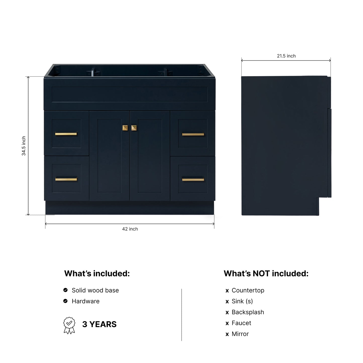 Bradford 42-inch Midnight Blue base cabinet on dimensions