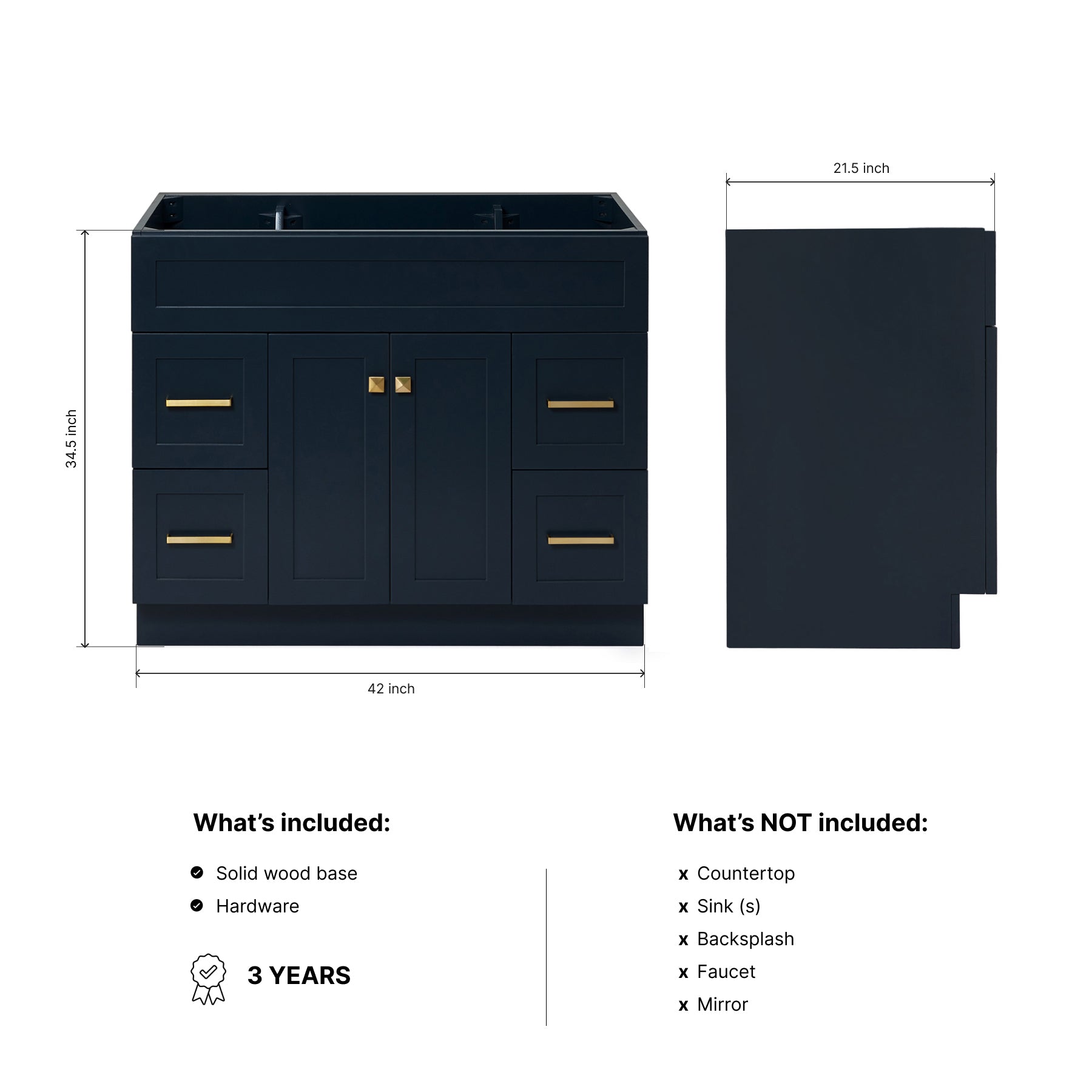 Bradford 42-inch Midnight Blue base cabinet on dimensions