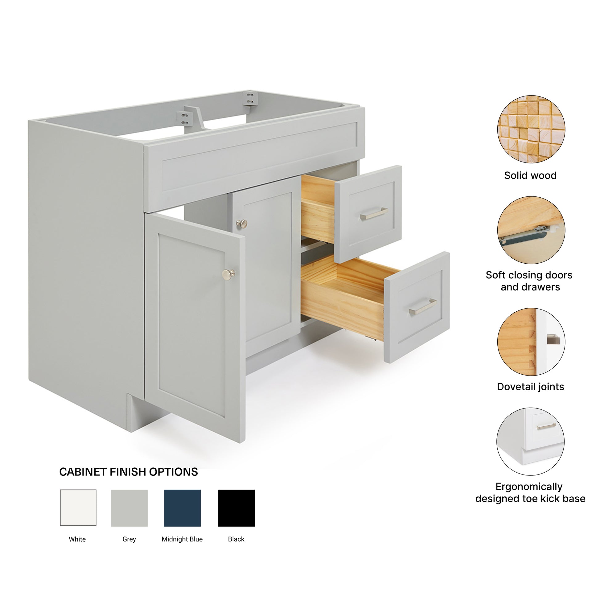 Bradford 42-inch Grey base cabinet on feature highlights: solid wood frame, soft-close doors and drawers, Sherwin-Williams paint finish