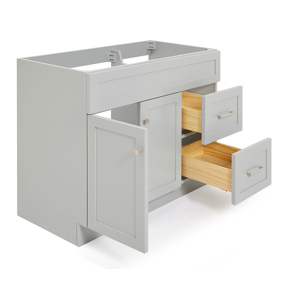 Bradford 42-inch Grey base cabinet on white back ground side view open door