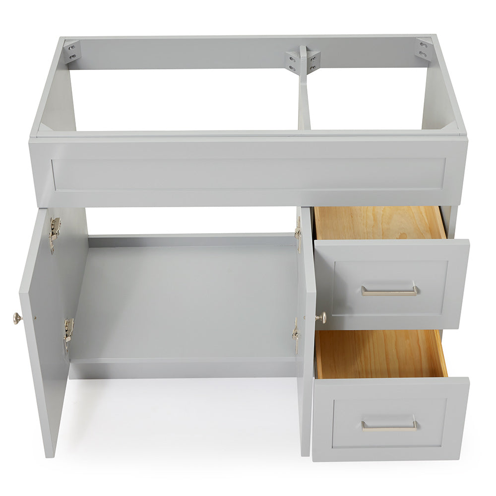 Bradford 42-inch Grey base cabinet on white back ground front view open door