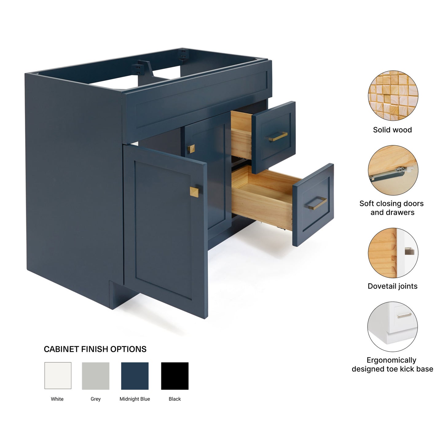 Bradford 42-inch Midnight Blue base cabinet on feature highlights: solid wood frame, soft-close doors and drawers, Sherwin-Williams paint finish
