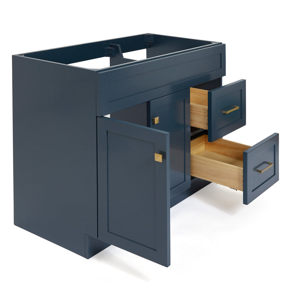 Bradford 42-inch Midnight Blue base cabinet on white back ground side view open door