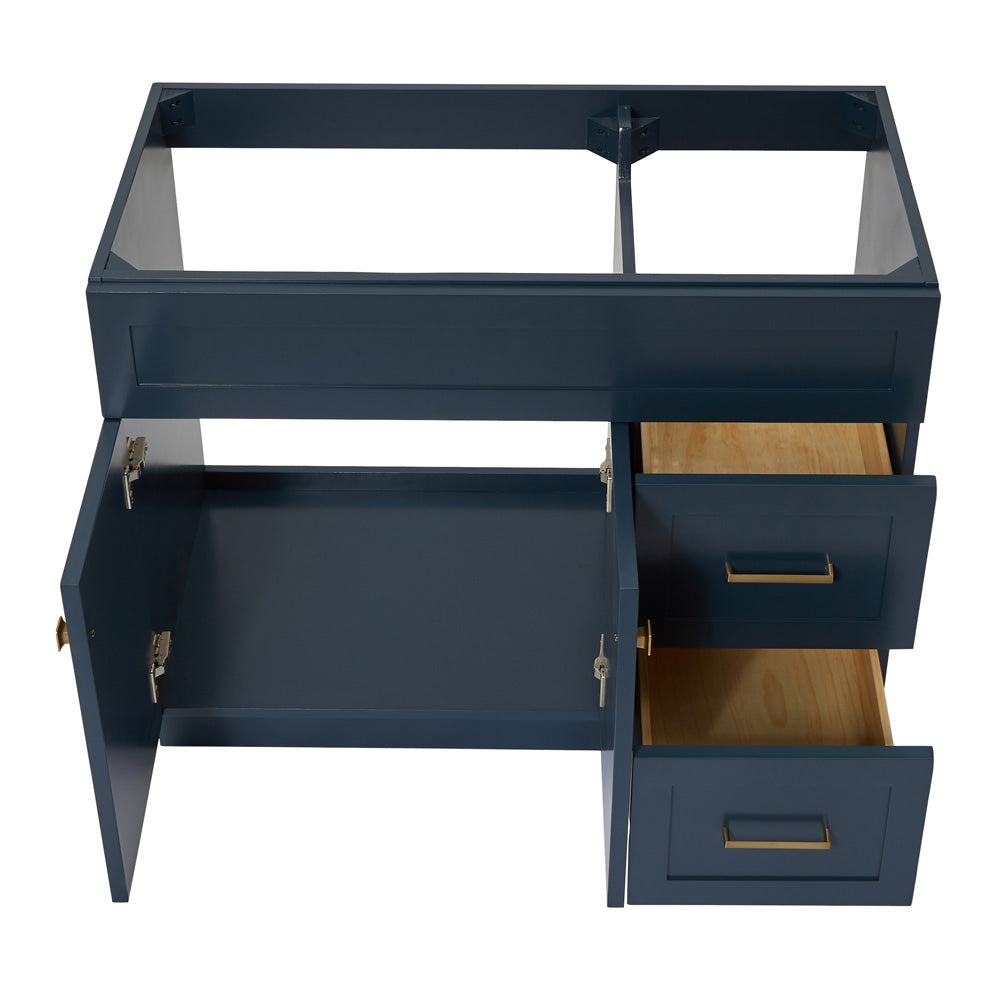 Bradford 42-inch Midnight Blue base cabinet on white back ground front view open door