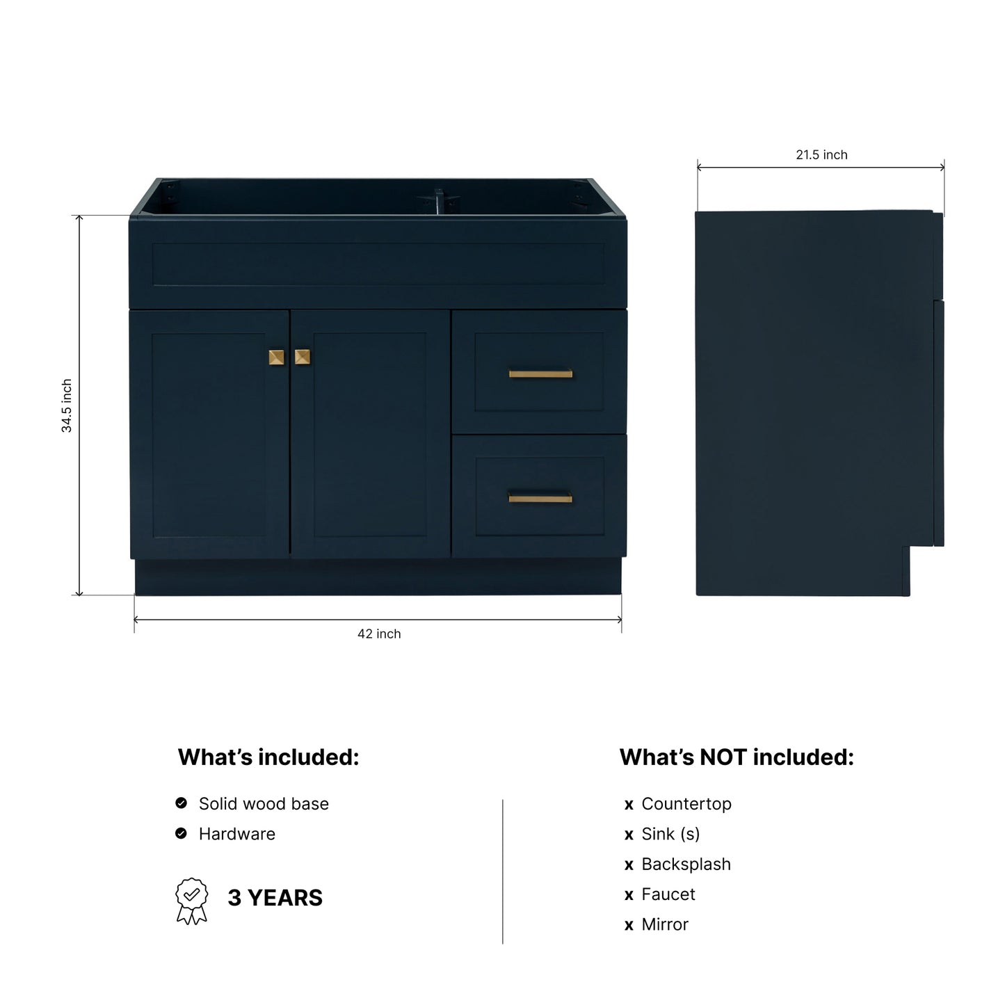 Bradford 42-inch Midnight Blue base cabinet on dimensions