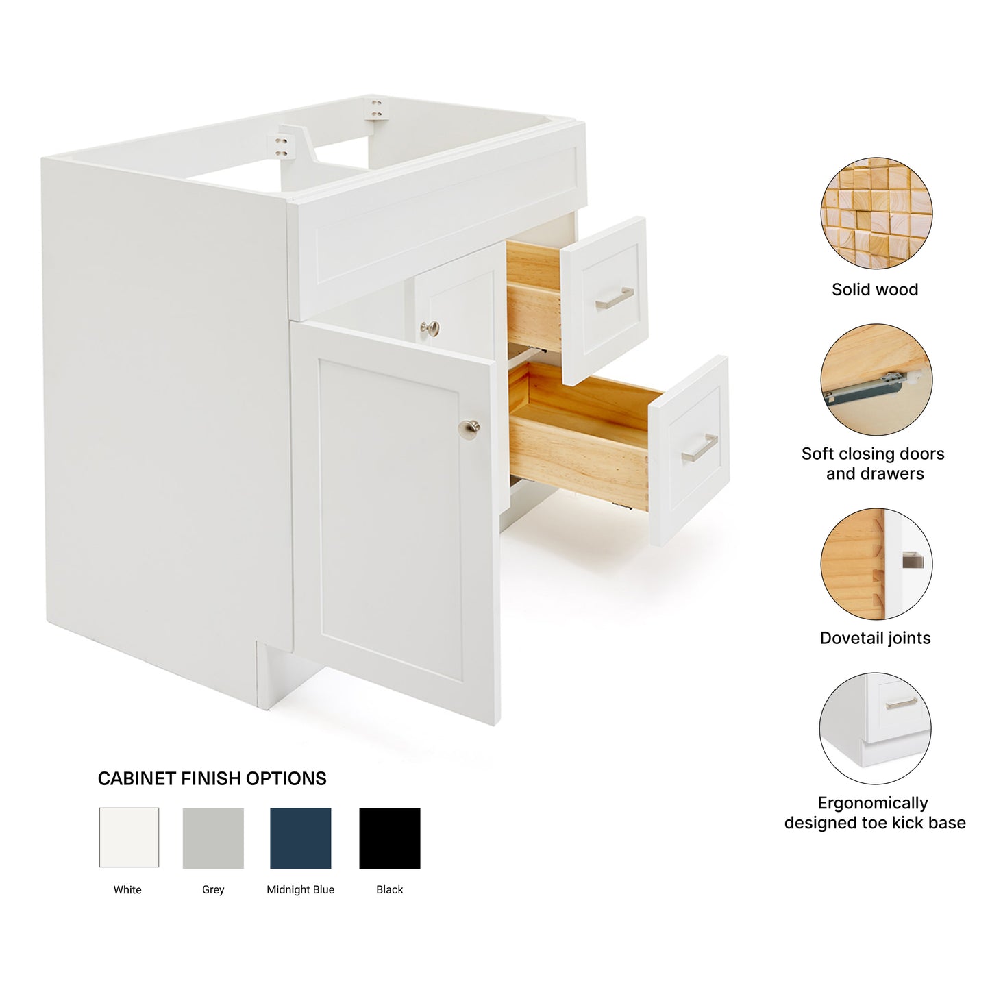 Bradford 42-inch White base cabinet on feature highlights: solid wood frame, soft-close doors and drawers, Sherwin-Williams paint finish