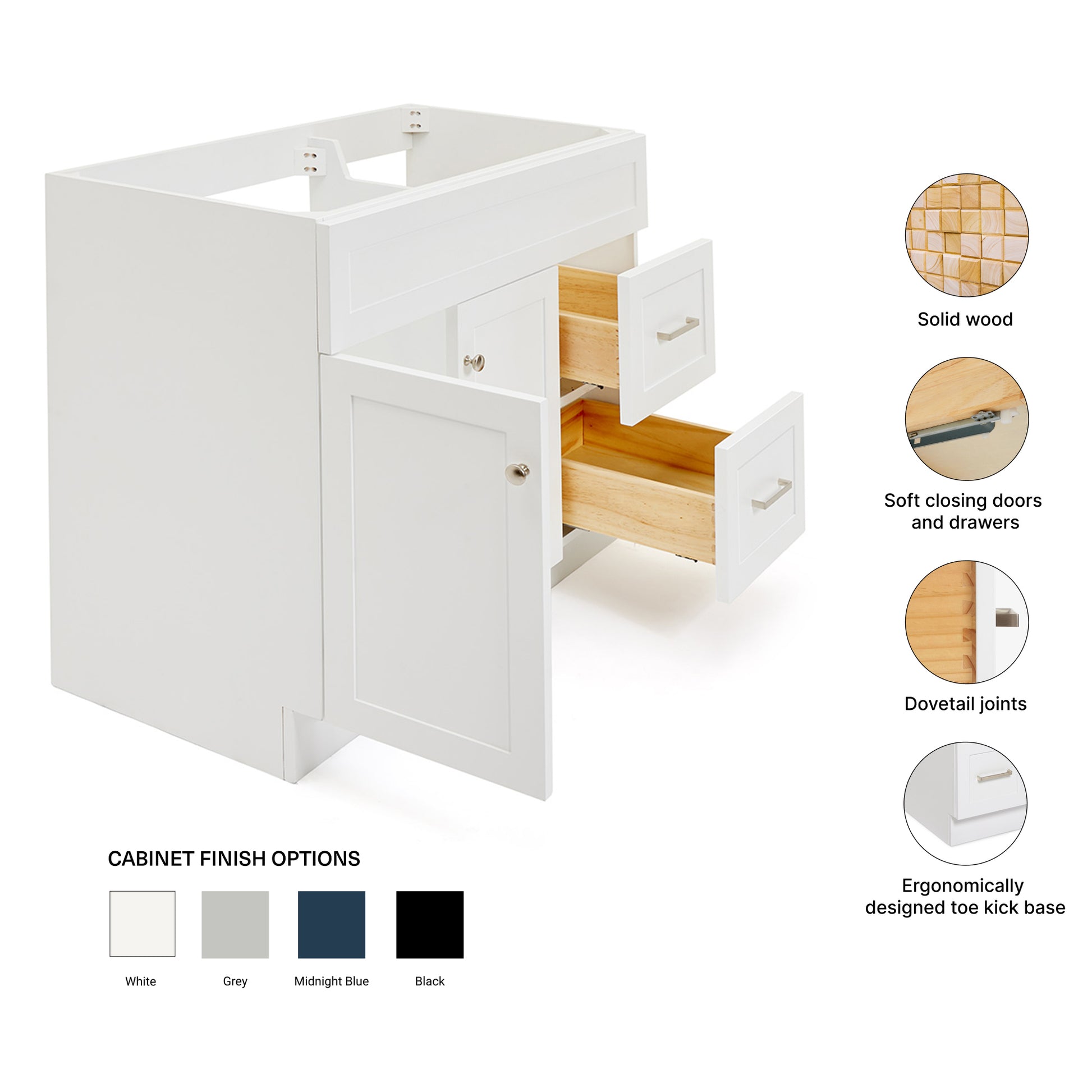 Bradford 42-inch White base cabinet on feature highlights: solid wood frame, soft-close doors and drawers, Sherwin-Williams paint finish