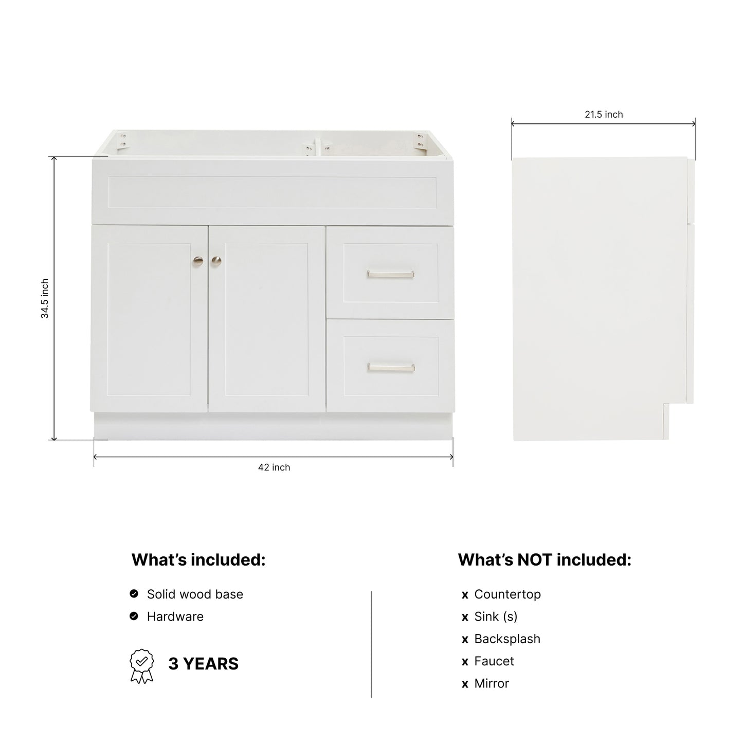 Bradford 42-inch White base cabinet on dimensions