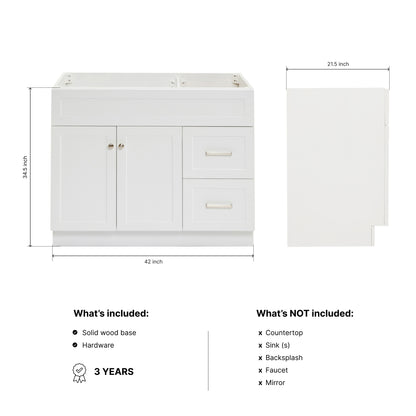 Bradford 42-inch White base cabinet on dimensions