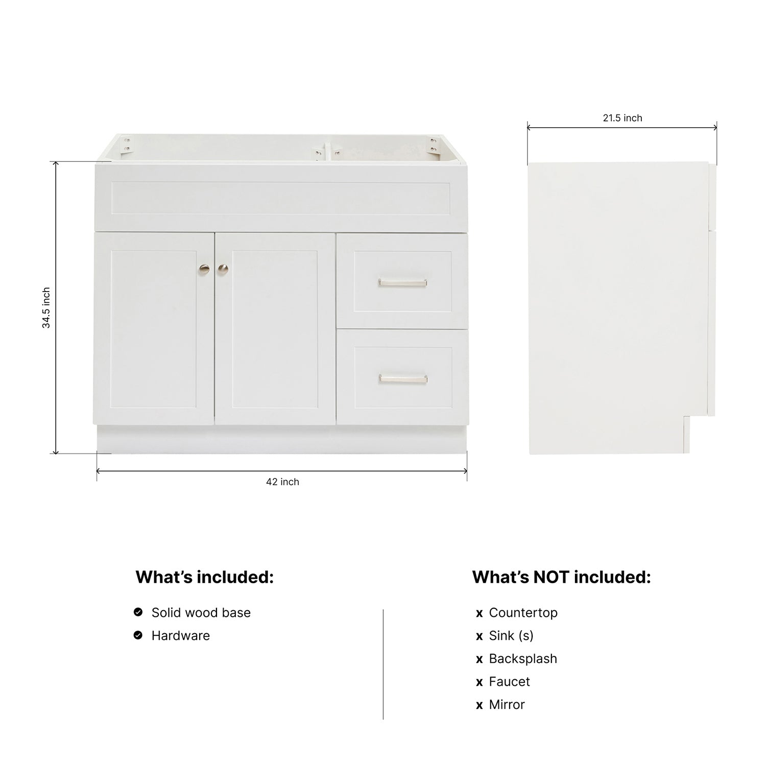 Bradford 42-inch White base cabinet on dimensions
