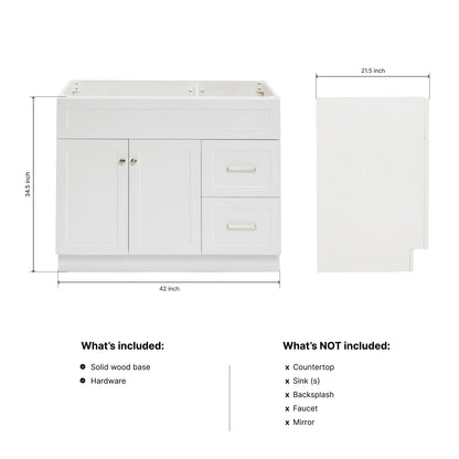 Bradford 42-inch White base cabinet on dimensions